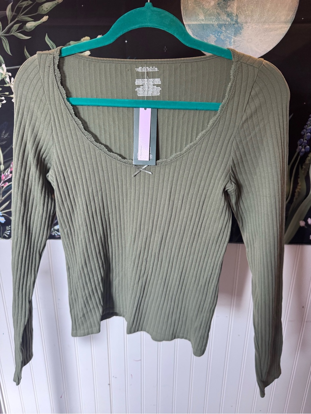 wild fable Olive Ribbed Scoop Neck Long Sleeve Top with Bow